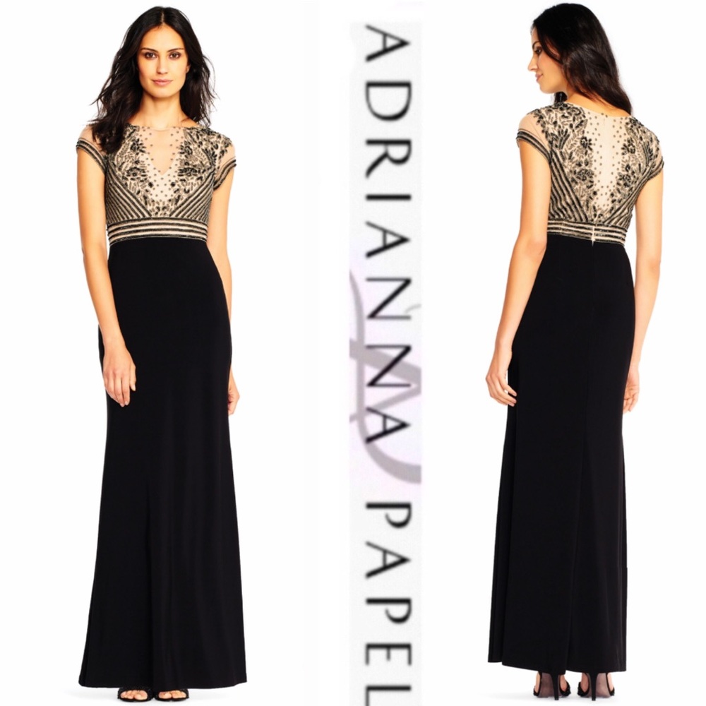 Adrianna Papell embellished, mermaid  illusion V-neck long gown - Picture 3 of 12
